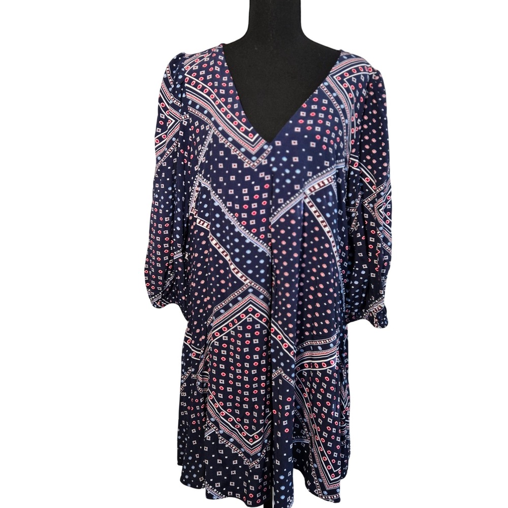 Loft Dress Womens Large‎ Blue Geometric Tile Print V-Neck 3/4 Puff Sleeve Shift